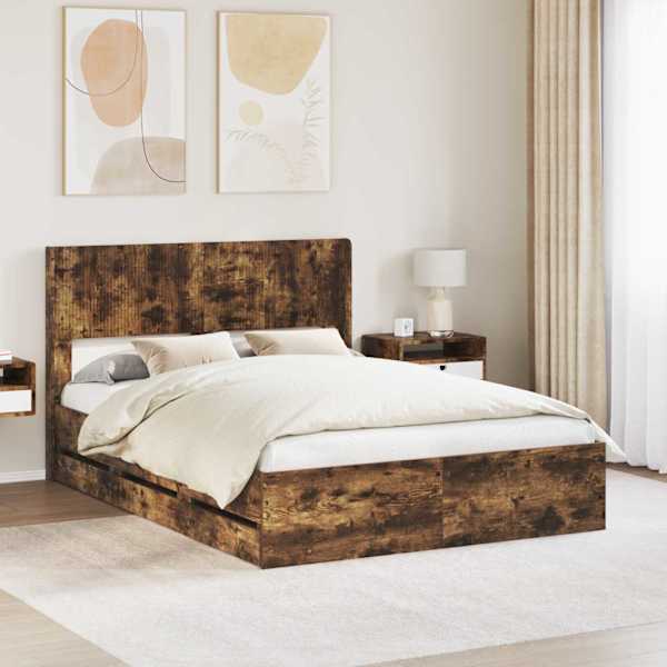 Sahtlitega voodiraam peatsiga, suitsutatud tamm, 135 × 190 cm — mudel 3414315