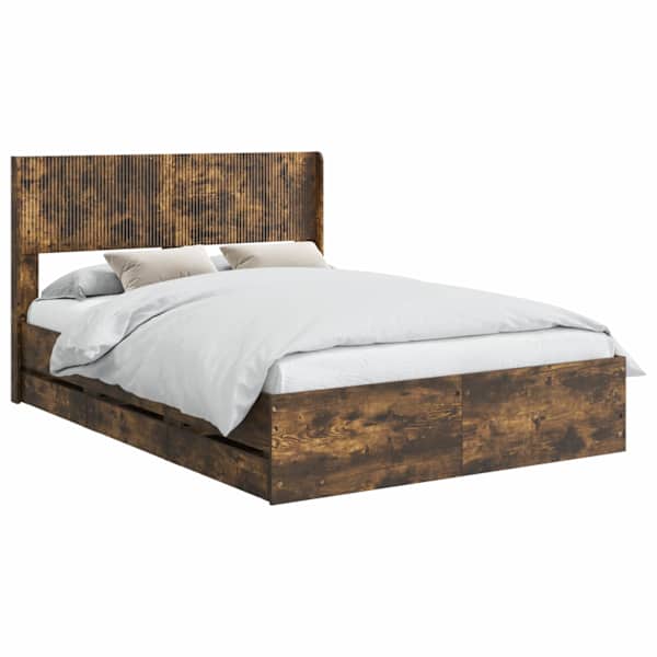 Sahtlitega voodiraam peatsiga, suitsutatud tamm, 135 × 190 cm — mudel 3414315