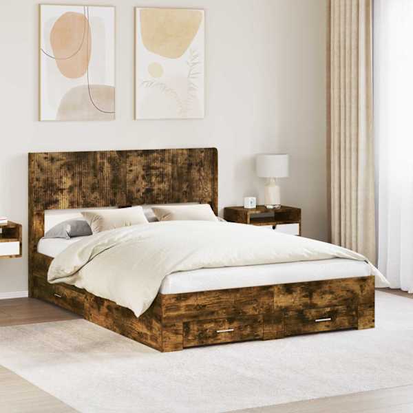 Panipaigaga voodiraam peatsiga, suitsutatud tamm, 120 × 200 cm — mudel 3414487