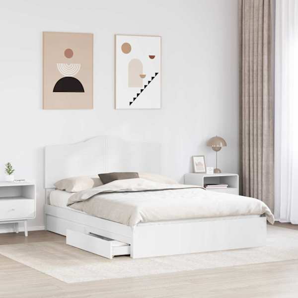Sahtlitega voodiraam peatsiga, valge, 160 × 200 cm, tehispuit — mudel 3413485