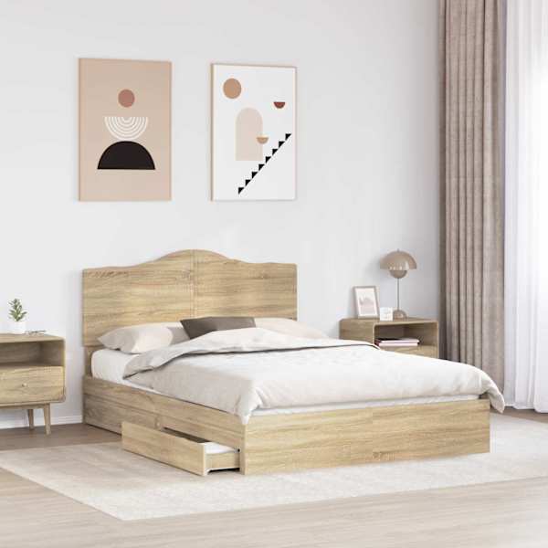 Sahtlitega voodiraam peatsiga, sonoma tamm, 160 × 200 cm, tehispuit — mudel 3413487