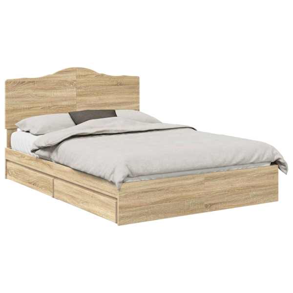 Sahtlitega voodiraam peatsiga, sonoma tamm, 150 × 200 cm, tehispuit — mudel 3413494