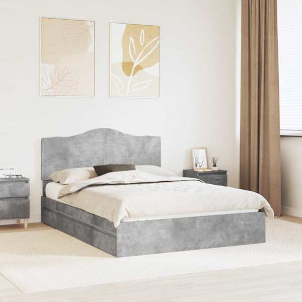 Sahtlitega voodiraam peatsiga, betoonhall, 150 × 200 cm, tehispuit — mudel 3413495