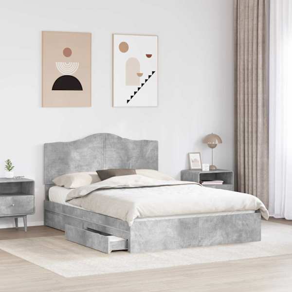 Sahtlitega voodiraam peatsiga, betoonhall, 150 × 200 cm, tehispuit — mudel 3413495