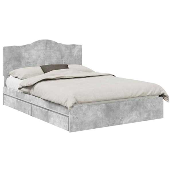Sahtlitega voodiraam peatsiga, betoonhall, 150 × 200 cm, tehispuit — mudel 3413495