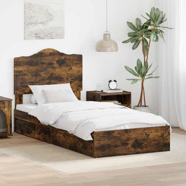 Sahtlitega voodiraam peatsiga, suitsutatud tamm, 100 × 200 cm, tehispuit — mudel 3413538