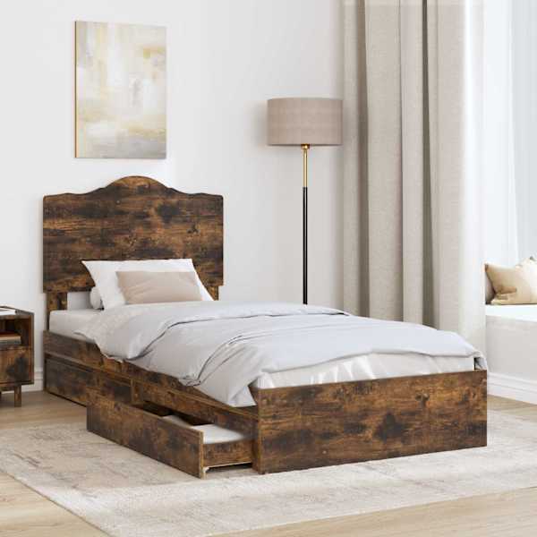 Sahtlitega voodiraam peatsiga, suitsutatud tamm, 90 × 200 cm, tehispuit — mudel 3413545