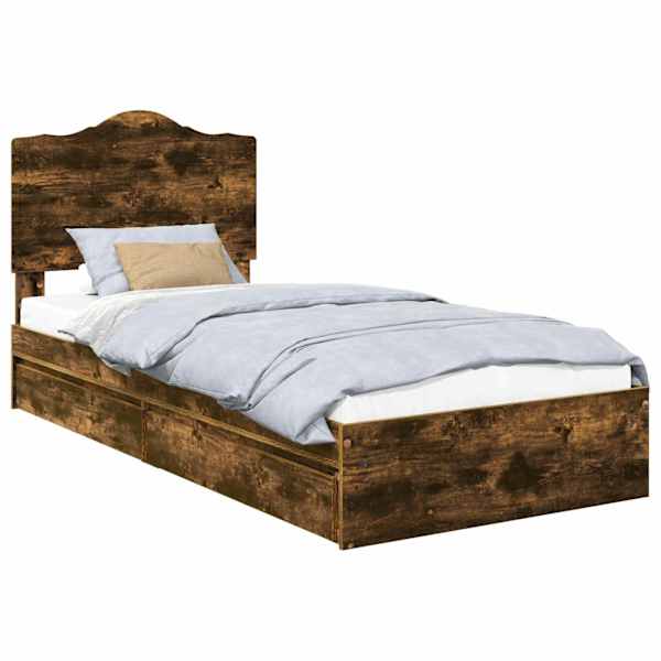 Sahtlitega voodiraam peatsiga, suitsutatud tamm, 90 × 200 cm, tehispuit — mudel 3413545