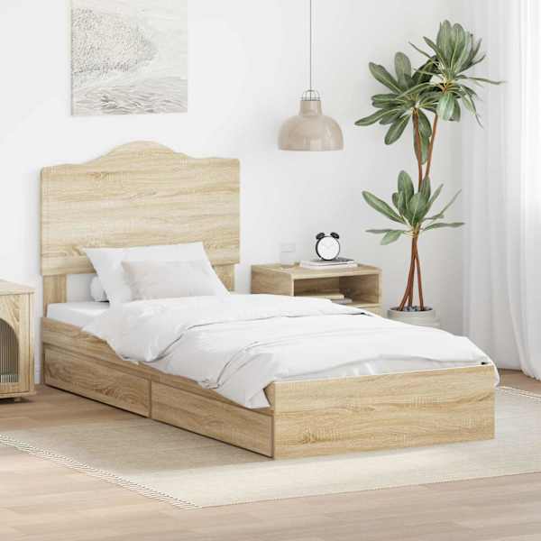 Sahtlitega voodiraam peatsiga, sonoma tamm, 90 × 190 cm, tehispuit — mudel 3413550