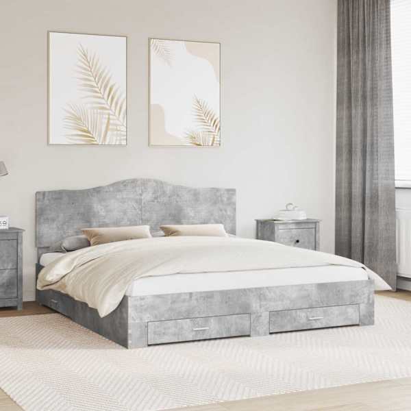 Sahtlitega voodiraam peatsiga, betoonhall, 180 × 200 cm, tehispuit — mudel 3413572