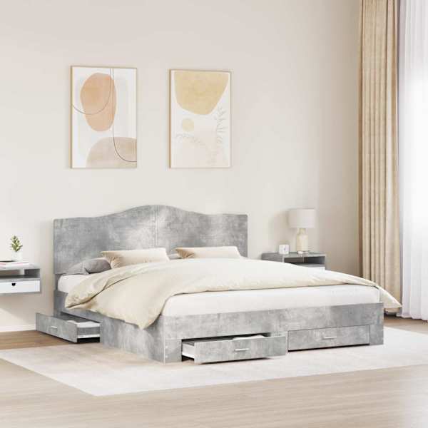 Sahtlitega voodiraam peatsiga, betoonhall, 180 × 200 cm, tehispuit — mudel 3413572