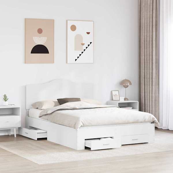 Sahtlitega voodiraam peatsiga, valge, 140 × 200 cm, tehispuit — mudel 3413594