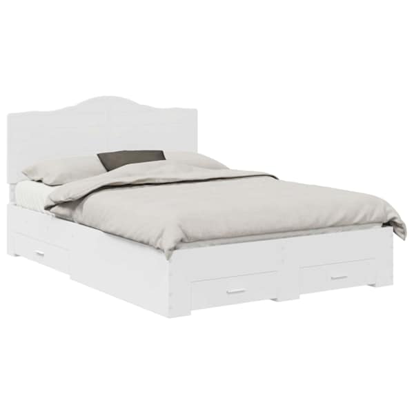 Sahtlitega voodiraam peatsiga, valge, 140 × 200 cm, tehispuit — mudel 3413594