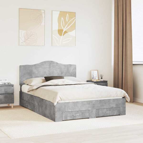 Sahtlitega voodiraam peatsiga, betoonhall, 140 × 200 cm, tehispuit — mudel 3413597