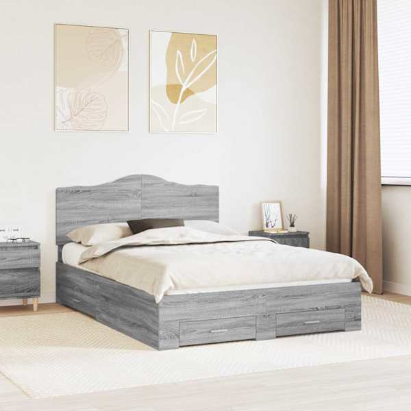 Voodiraam peatsiga, hall sonoma, 140 × 200 cm, tehispuit — mudel 3413599