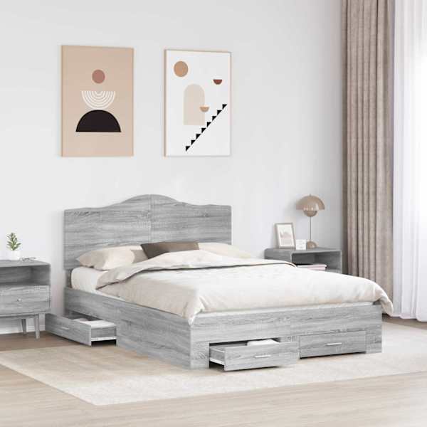 Voodiraam peatsiga, hall sonoma, 140 × 200 cm, tehispuit — mudel 3413599