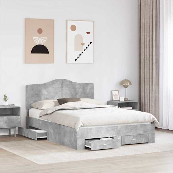 Sahtlitega voodiraam peatsiga, betoonhall, 140 × 190 cm, tehispuit — mudel 3413606