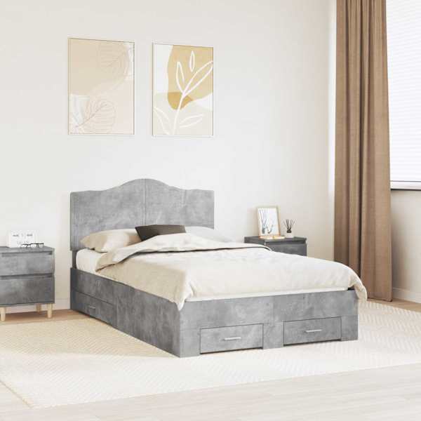 Sahtlitega voodiraam peatsiga, betoonhall, 135 × 190 cm, tehispuit — mudel 3413615