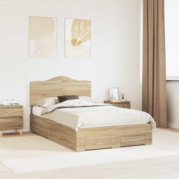 Sahtlitega voodiraam peatsiga, sonoma tamm, 120 × 200 cm, tehispuit — mudel 3413623