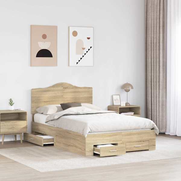 Sahtlitega voodiraam peatsiga, sonoma tamm, 120 × 200 cm, tehispuit — mudel 3413623
