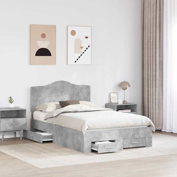 Sahtlitega voodiraam peatsiga, betoonhall, 120 × 190 cm, tehispuit — mudel 3413633