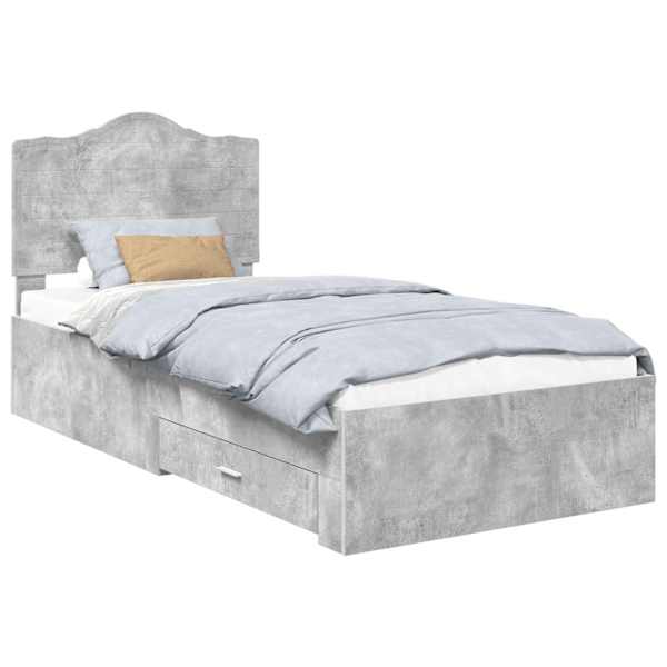 Sahtlitega voodiraam peatsiga, betoonhall, 90 × 190 cm, tehispuit — mudel 3413660