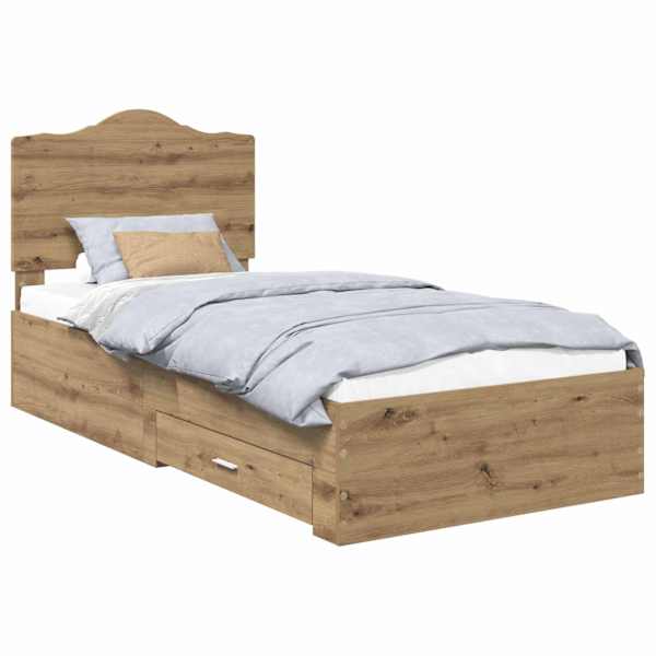 Sahtlitega voodiraam peatsiga, Artisan tamm, 90 × 190 cm, tehispuit — mudel 3413665