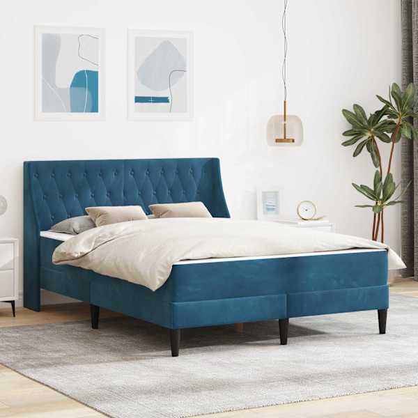 Voodiraam koos madratsiga, sinine, 120 × 190 cm, samet — mudel 3414788