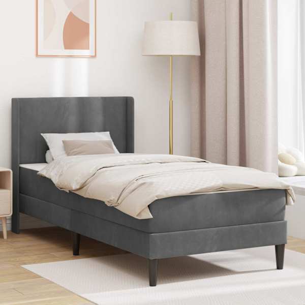 Voodiraam koos madratsiga, tumehall, 90 × 190 cm, samet — mudel 3414832