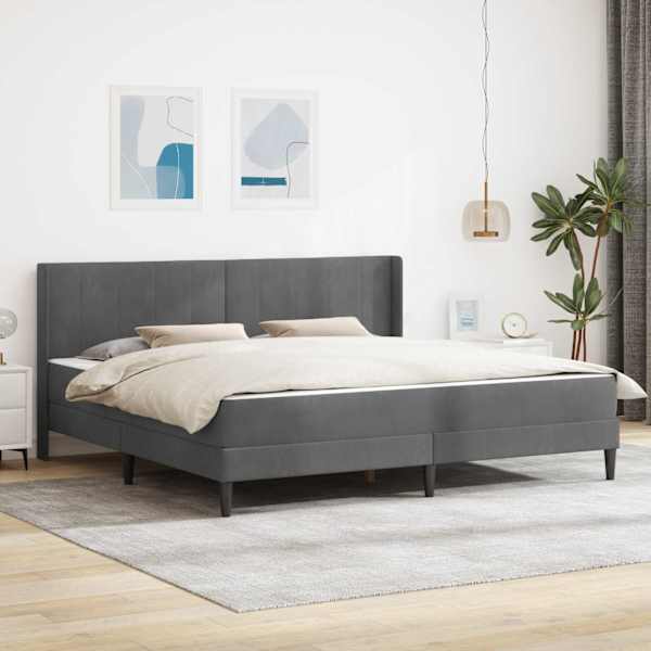 Voodiraam koos 2 madratsiga, tumehall, 200 × 200 cm, samet — mudel 3414886
