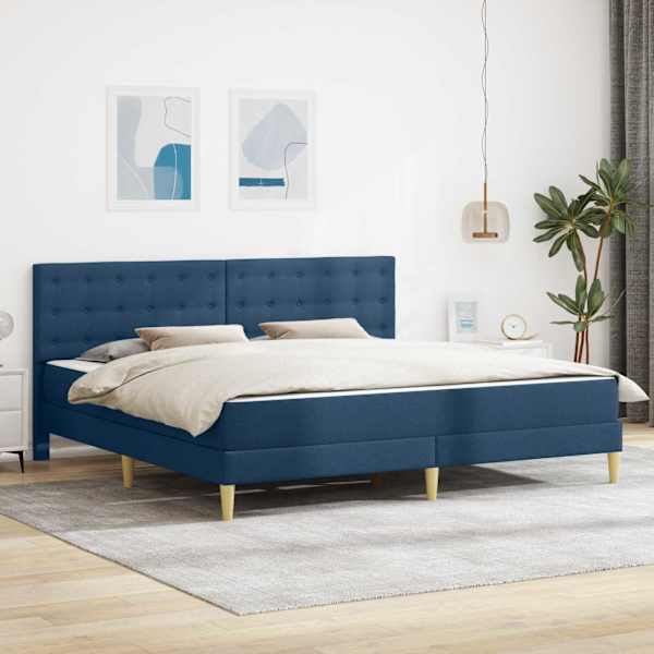 Voodiraam koos 2 madratsiga, sinine, 200 × 200 cm, kangas — mudel 3415132