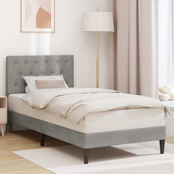 Voodiraam peatsiga, helehall, 100 × 200 cm, samet — mudel 42027643