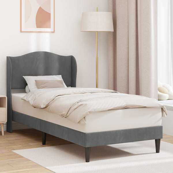 Voodiraam peatsiga, tumehall, 90 × 200 cm, samet — mudel 42027894