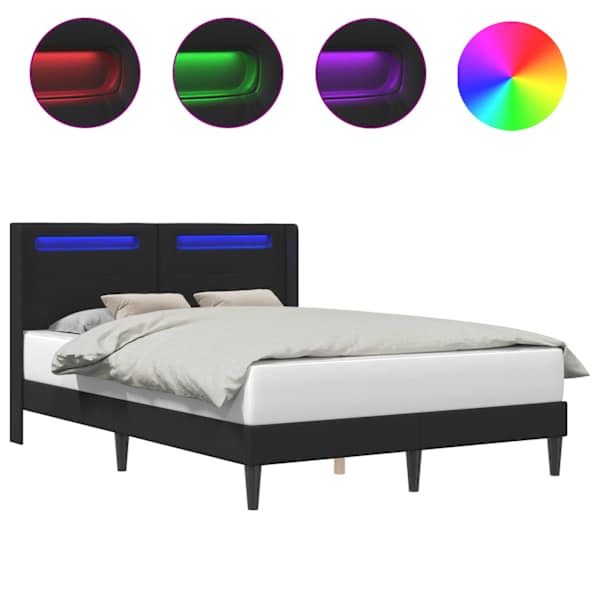 LED-valgustusega voodiraam peatsiga, must, 140 × 200 cm, kunstnahk — mudel 42027982