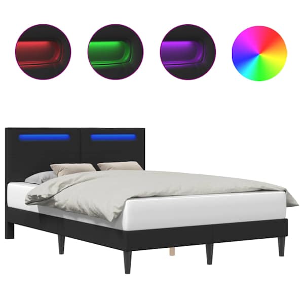 LED-valgustusega voodiraam peatsiga, must, 140 × 200 cm, kunstnahk — mudel 42028025
