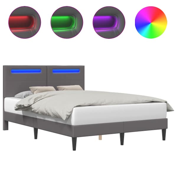 LED-valgustusega voodiraam peatsiga, hall, 160 × 200 cm, kunstnahk — mudel 42028027