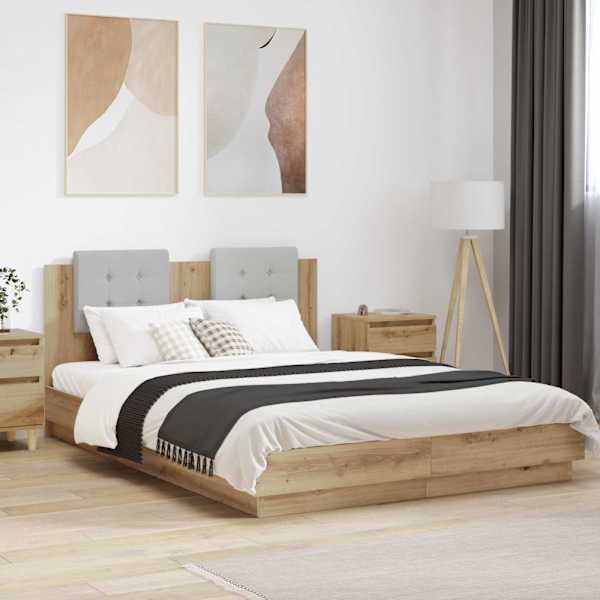LED-valgustusega voodiraam peatsiga, Artisan tamm, 150 × 200 cm, tehispuit — mudel 3416341