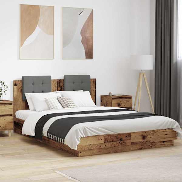 LED-valgustusega voodiraam peatsiga, vana puit, 120 × 200 cm, tehispuit — mudel 3416346