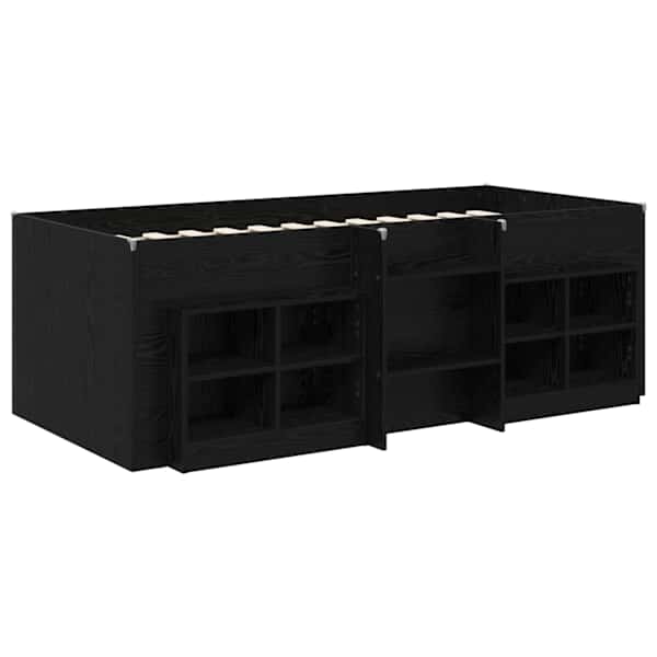 Sahtlitega kõrge voodiraam riiuliga, must, 90 × 200 cm, tehispuit — mudel 3423407