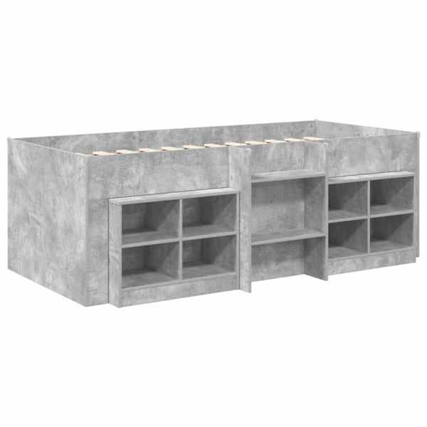 Kõrge voodiraam kappidega riiuliga, betoonhall, 75 × 190 cm, tehispuit — mudel 3423433