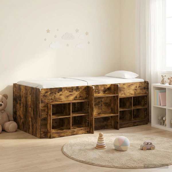Kõrge voodiraam kappidega, suitsutatud tamm, 75 × 190 cm, tehispuit — mudel 3423434