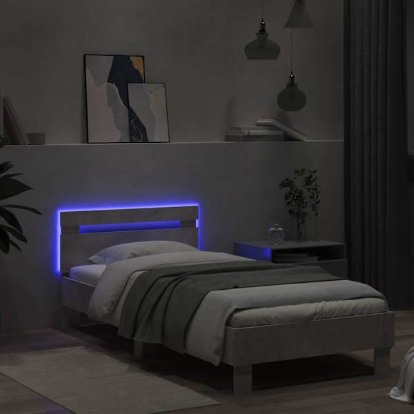 LED-valgustusega voodiraam, betoonhall, 80 × 200 cm, tehispuit — mudel 8008997