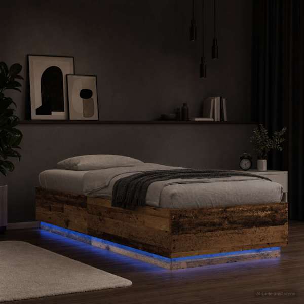 LED-valgustusega voodiraam, vana puit, 80 × 200 cm, tehispuit — mudel 3429568