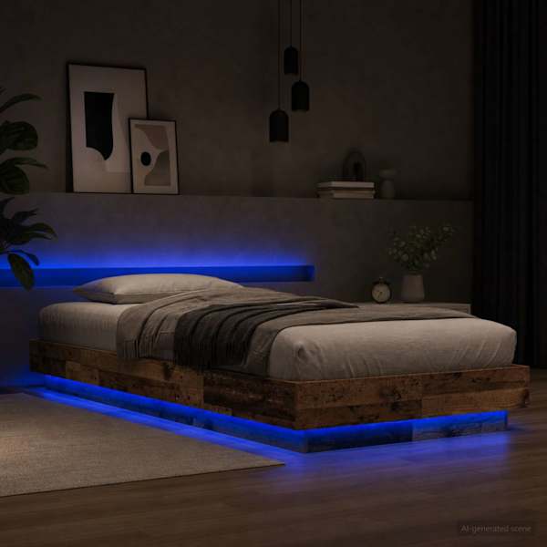 LED-valgustusega voodiraam, vana puit, 80 × 200 cm, tehispuit — mudel 3429584