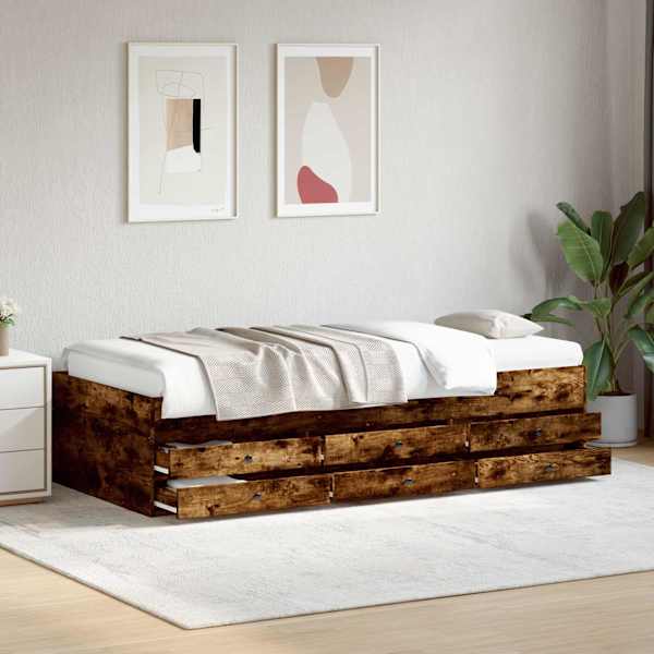 Sahtlitega voodiraam, suitsutatud tamm, 80 × 200 cm, tehispuit — mudel 3429647