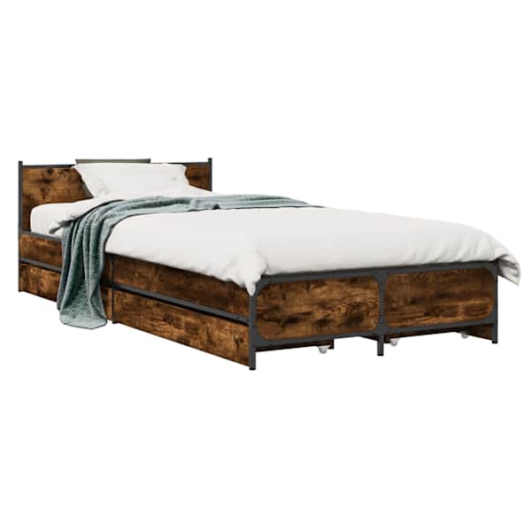 Sahtlitega voodiraam peatsiga, suitsutatud tamm, 80 × 200 cm, tehispuit — mudel 3429694