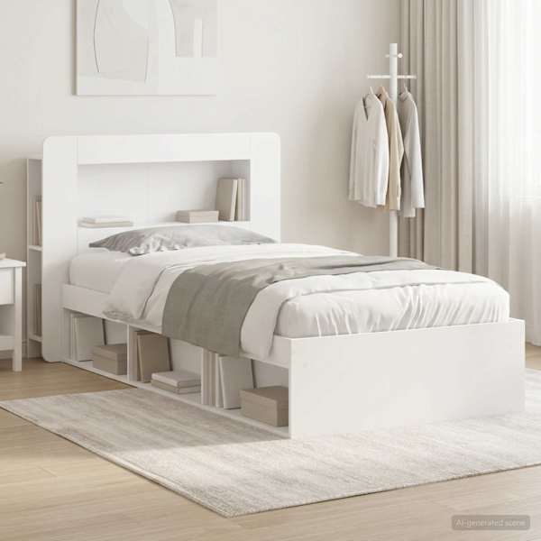 Panipaigaga voodiraam peatsiga, valge, 100 × 200 cm, tehispuit — mudel 3433453