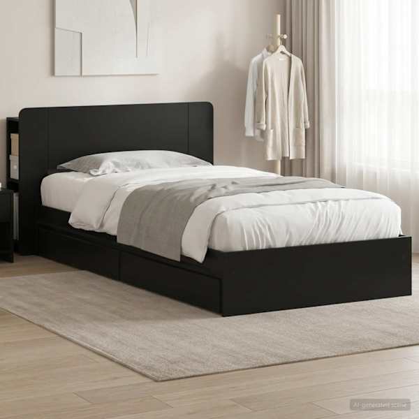 Sahtlitega voodiraam peatsiga, must, 90 × 190 cm, tehispuit — mudel 3433539