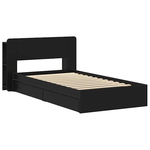 Sahtlitega voodiraam peatsiga, must, 90 × 190 cm, tehispuit — mudel 3433539