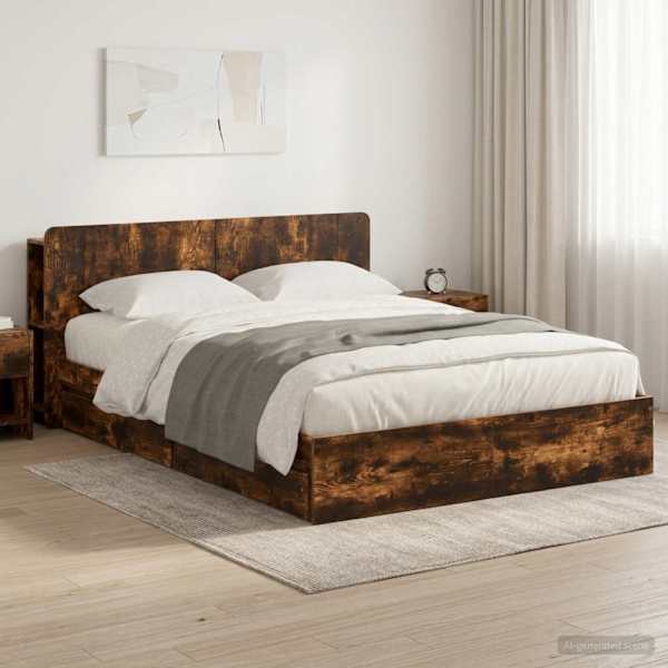 Sahtlitega voodiraam peatsiga, suitsutatud tamm, 135 × 190 cm, tehispuit — mudel 3433584